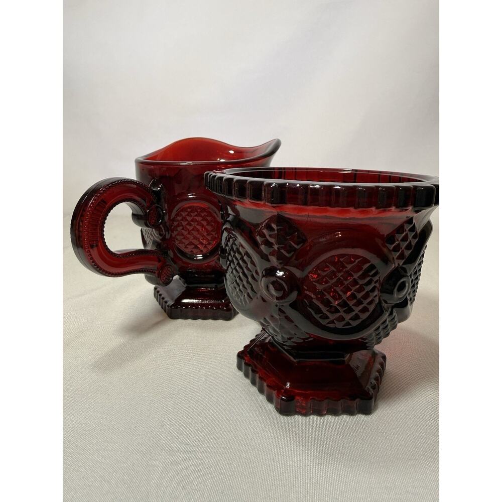 Avon 1876 Cape Cod Red Glass Sugar Bowl Creamer Set Vintage